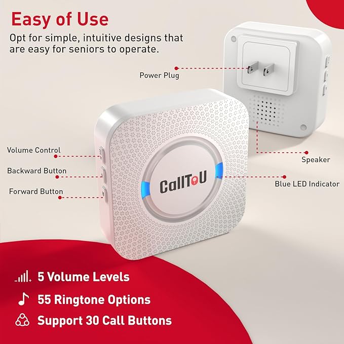CallToU Caregiver Pager Wireless Call Button Smart Bell Alert System for Elderly Home Patient Seniors Nurse 4 Portable Waterproof Transmitters 1 Plugin Receiver