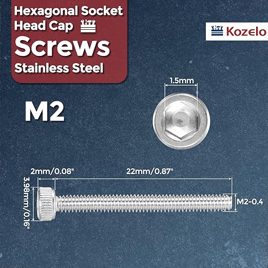 Kozelo 50pcs Socket Head Cap Screws - [M2-0.4 x 22mm] 304 Stainless Steel Allen Socket Drive for Electrical Motor 3D Printing Fan Engine Replacement Use, Silver