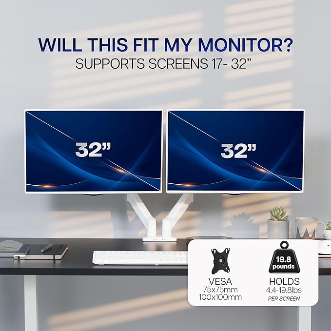 VIVO Dual Monitor up to 32 inches and 19.8 lbs per Screen, Mechanical Arm Desk Mount, Articulating Counterbalance, VESA Stand, Classic, White STAND-V002OW