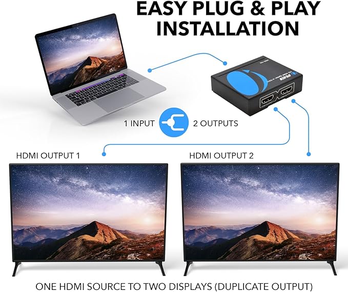 OREI HDMI Splitter 1 in 2 out - Ultra HD 4K @ 30Hz, HDCP, 3D & Full HD 1080P Support for Xbox, PS4, Blu-ray, HDTV - Adapter Included