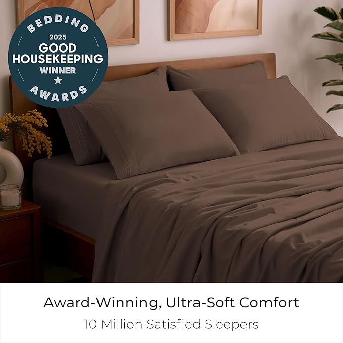 Mellanni Queen Sheet Set - 6-Piece Iconic Collection Bedding, (Including 4 Pillowcases), 16-Inch Deep Pocket, Easy Care, Extra Soft, Cooling Sheets, Brushed Microfiber - Brown