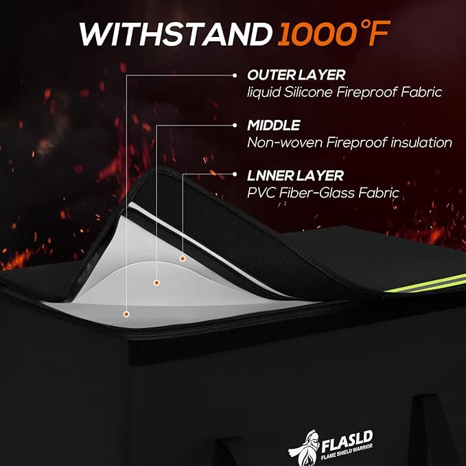 FLASLD Large Fireproof Lipo Bag for 200Ah Lithium Battery Storage and Charging, 22 x 9 x 9.5in E-bike Battery Bag Waterproof Box for Documents and Valuables