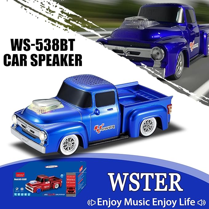 WSTER WS-538 Retro Pickup Truck Bluetooth Replica Speaker – Portable Wireless Car Model Speaker with FM, TWS, LED Party Lights, USB/TF Playback, Built-in Microphone, Type-C, Surprise Gift(Blue)