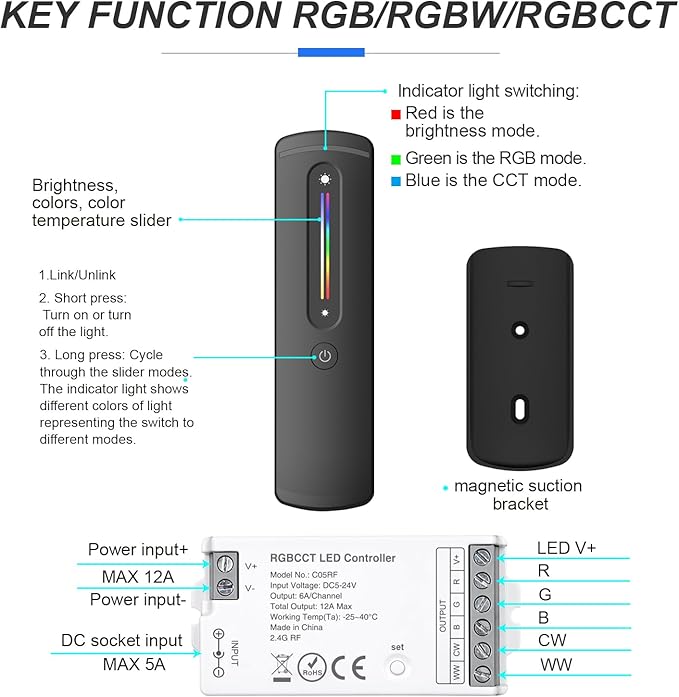 2.4GHz RF RGB LED Strip Controller Remote Kit, Wireless Remote & Tuya Controller Dimmer with Group Control Adjust Brightness/Color Touch Slide for PWM 4Pin COB LED Strip Light DC5V DC12V DC24V