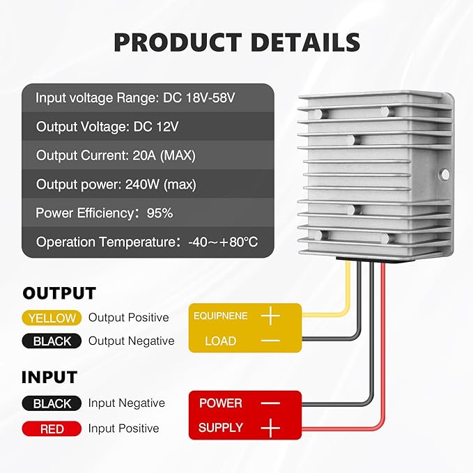 Forccord 2-Pcs Voltage Converter for Golf Cart DC 18V 20V 24V 36V 48V Step Down to DC 12V Step Down to 12V 20A 240W Converter Voltage Regulator Reducer 20A 240W with Fuse