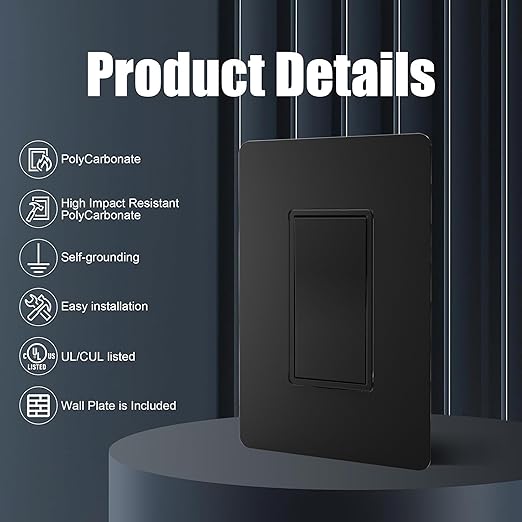 ThunderWay Matte Black 3 Way Decorative Light Switch with Plate, 15 A 120/277 V Rocker Paddle Wall Switch Replacement, Self-Grounding, Residential Grade, Wall Plate, UL Listed (20 Pack)