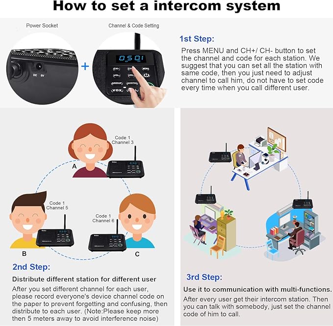 Wuloo Intercoms Wireless for Home 1 Mile Range 22 Channel 100 Digital Code Display Screen, Wireless Intercom System for Home House Business Office, Room to Room Intercom Communication(4Stations Black)