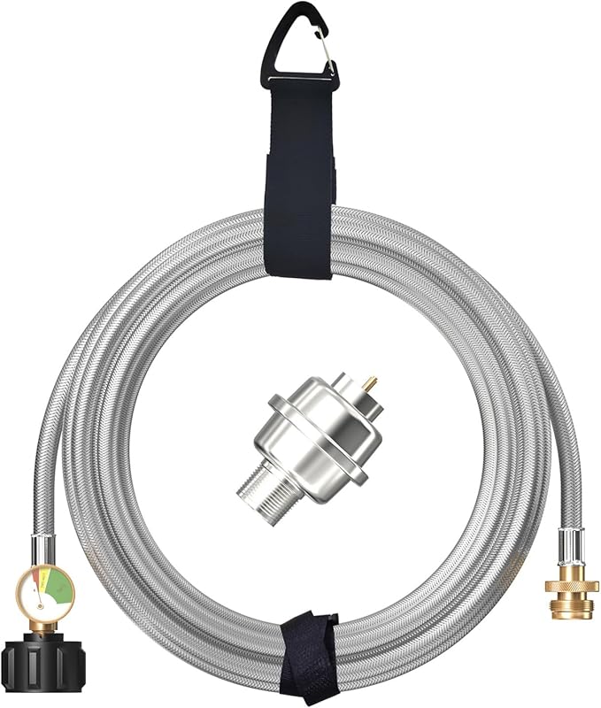 10FT Stainless Braided Propane Adapter Hose with Gauge, Adapter Hose with QCC1/Type1 Adapter Connect 20-45 lb Propane Tank (10FT Extension Hose/Propane Fuel Filter) for Mr Buddy Heater and Big Buddy