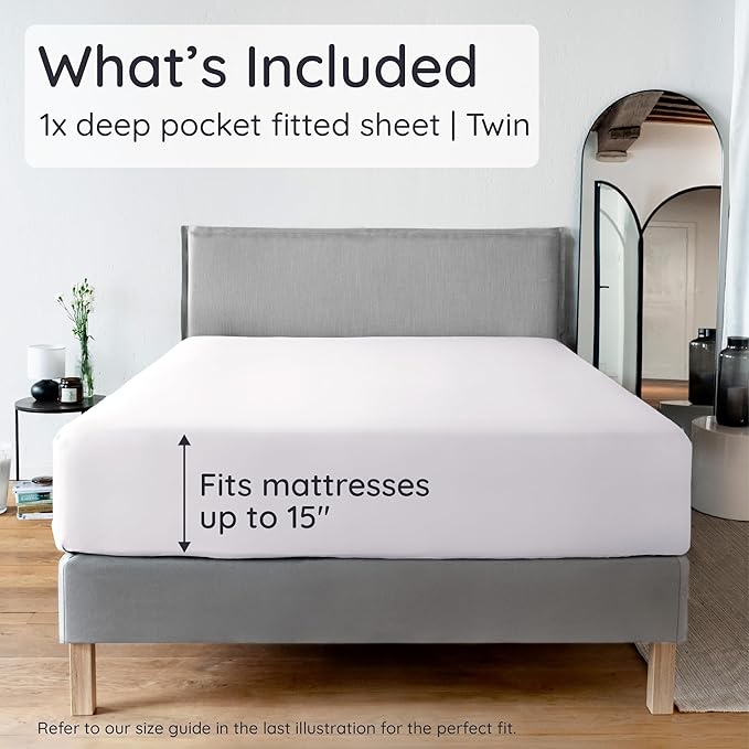 Bambaw 100% Viscose Derived from Bamboo Fitted Sheet Twin Size, 15’’ Deep Pocket Twin White Fitted Sheet Only, Cooling Fitted Sheet Twin Size, Breathable & Soft Fitted Sheet with Corner Straps (White)