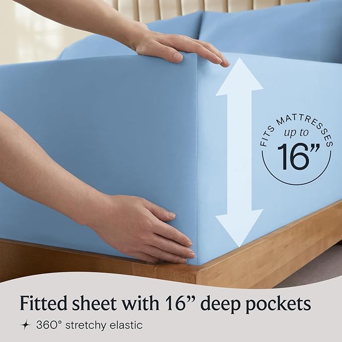 LuxClub 4 PC Queen Sheet Set, Deep Pockets Wrinkle Free Cooling Bed Sheets Hotel Bedding for Women, Men, Includes 1 Fitted Sheet, 1 Flat Sheet and 2 Pillowcases-Silky Soft Sky