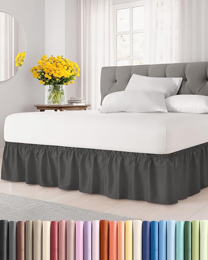 Wrap Around Dust Ruffle Bed Skirt - Charcoal - Twin/Twin XL Size Beds w/ 12 Inch Drop - Easy Fit Elastic Strap - Adjustable Pleated Bedskirt w/Brushed Fabric - Wrinkle Free - Women, Men, Kids & Teens