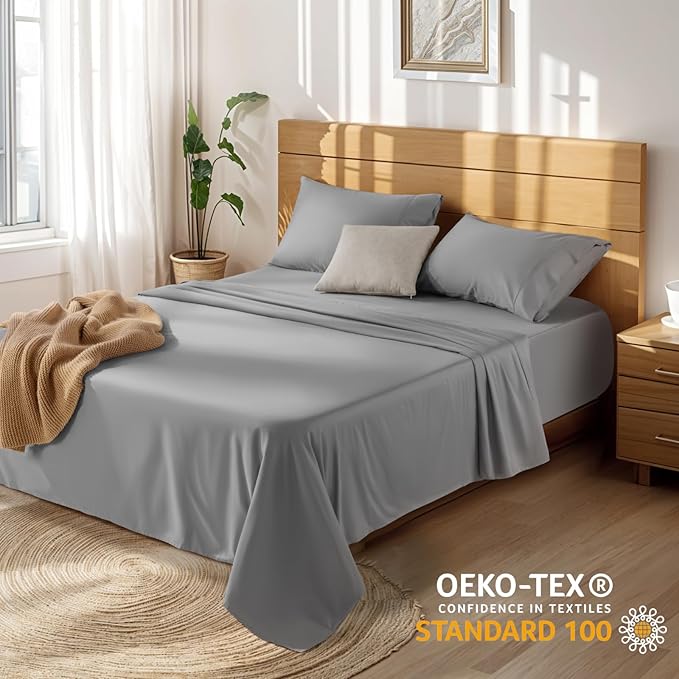 LBRO2M 100% Cotton Sheets Set Deep Pocket 19", 1000 Thread Count California King Size 4 Piece Bed Sheet Sets Soft Comfortable Bedding All Season (California King, Gray)