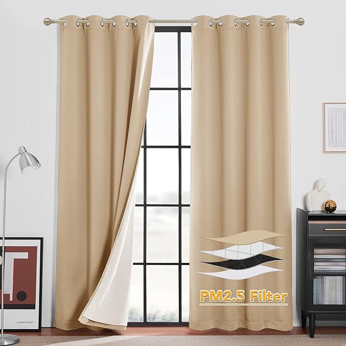 RYB HOME Soundproof & Dust Particle Filtering Curtains Thick Panel Draft Block Window Treatment Totally Room Darkening Drapes for Nursery Daytime Sleeping, Biscotti Beige, W52 x L95 inch, 2 Panel