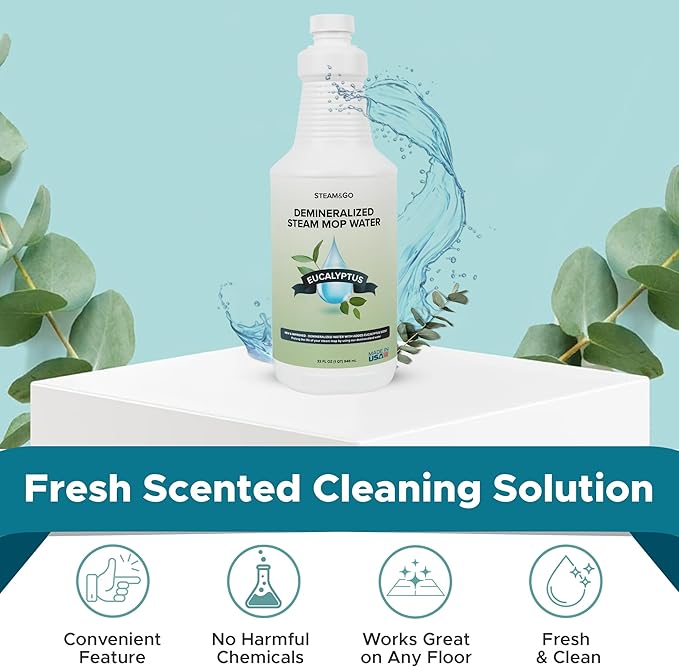 Steam & Go Demineralized Water Cleaning Solution for Floor & Multi-Surface Steam Cleaners - Compatible for All Steam Mops - Eucalyptus Mint Scent, 32 oz, Pack of 6