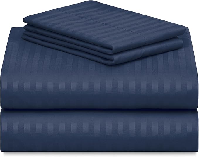 LuxClub 4 PC California King Sheet Set, Deep Pockets Wrinkle Free Cooling Bed Sheets Hotel Bedding for Women, Men, Includes 1 Fitted Sheet, 1 Flat Sheet and 2 Pillowcases-Striped - Navy