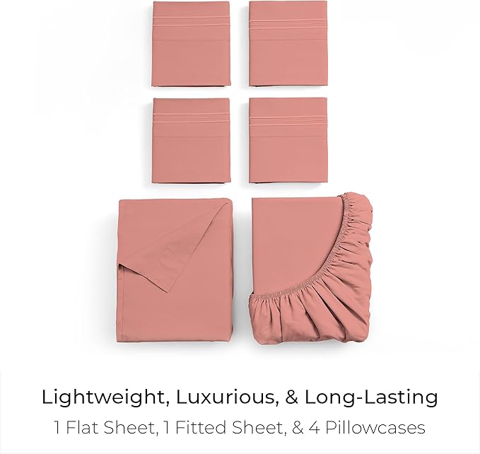 Mellanni Full Sheet Set - 6-Piece Iconic Collection Bedding, (Including 4 Pillowcases), 16-Inch Deep Pocket, Easy Care, Extra Soft, Cooling Sheets, Brushed Microfiber - Coral