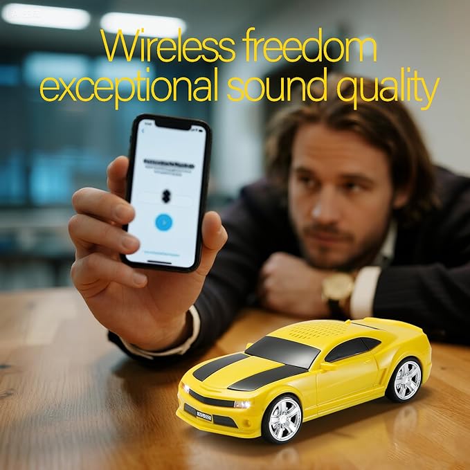 WSTER Sports Car Model Bluetooth Speaker with Stereo Sound, TWS Pairing, LED Party Lights, USB/TF Playback, Movable Wheels, Unique Retro Car Gifts (Yellow)