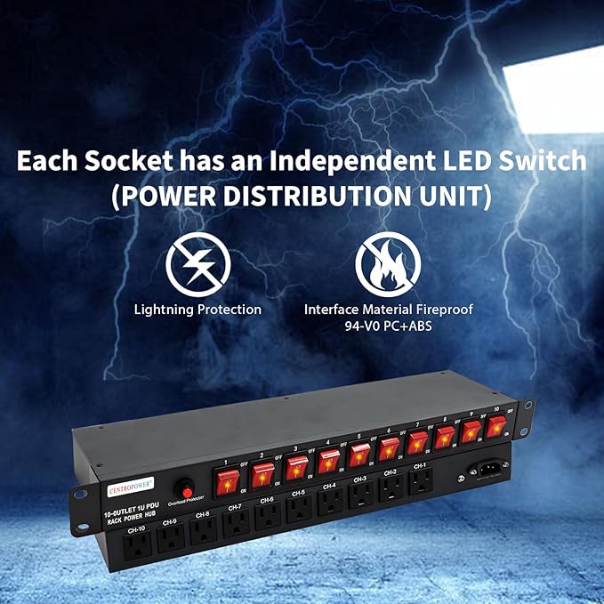 1U PDU Horizontal Rackmount Power Strip - Surge Protector 10 NEMA 5-15R Outlet 100V-240V/15A 1800 Joules, 10 Independent LED Switches, w/6 ft Cord, for Network Server, ETL Listed, by CENTROPOWER