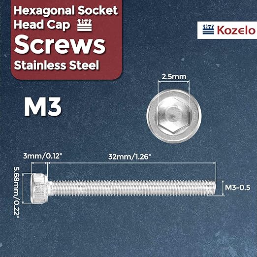 Kozelo 30pcs Socket Head Cap Screws - [M3-0.5 x 32mm] 304 Stainless Steel Allen Socket Drive for Electrical Motor 3D Printing Fan Engine Replacement Use, Silver