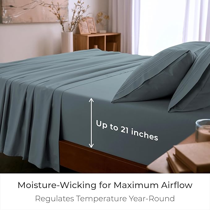 Mellanni Queen Sheet Set - 6-Piece Iconic Collection Bedding, (Including 4 Pillowcases), 21-Inch Extra Deep Pocket, Easy Care, Ultra Soft, Cooling Sheets, Brushed Microfiber - Spa Blue