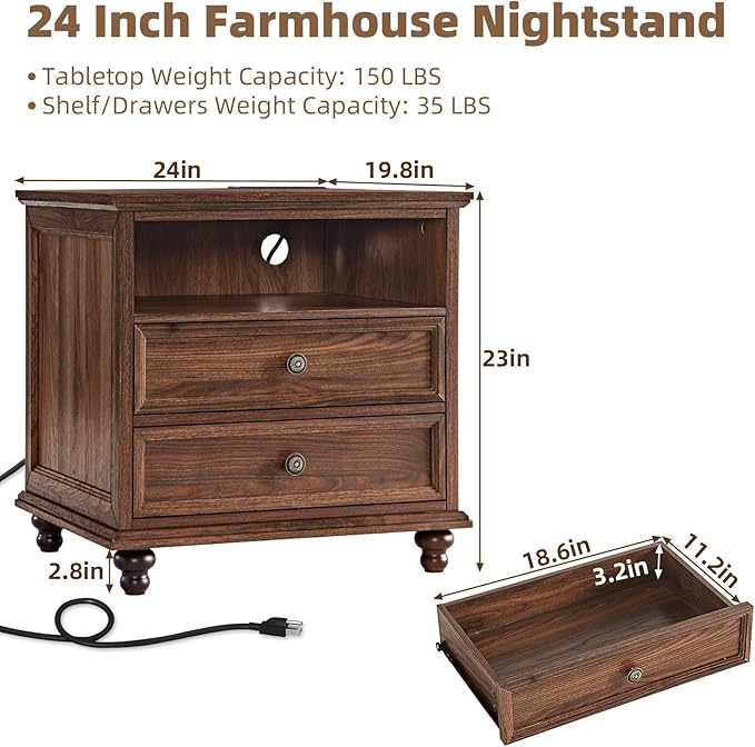 24" Wide Farmhouse Nightstand with Charging Station, End Table with 2 Drawers, Brown Wood Dresser for Bedroom Cabinet, Bed Side Table Chest of Drawers, Night Stand for Living Room, Closet