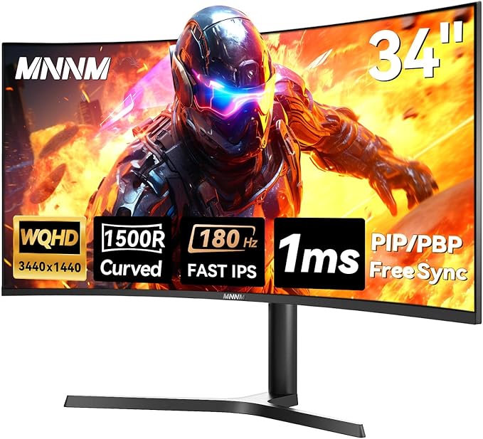 MNNM 34 Inch Ultrawide Gaming Monitor - 21:9 WQHD 3440 x 1440 R1500 Curved Computer Monitor for Gamer, 180Hz 1ms AMD FreeSync PIP/PBP Crosshair TÜV Eye Care, HDMI 2.0 & DP1.4, Tilt/Height/Swivel Stand