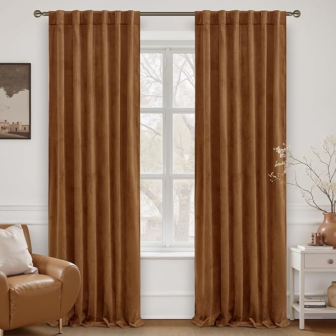 LAMIT Velvet Curtains for Living Room 96 Inches Long, Mid Century Thermal Blackout Curtains Room Darkening Back Tab and Rod Pocket Panels for French Country, 2 Panels, Bronze Brown, 52 x 96 Inch