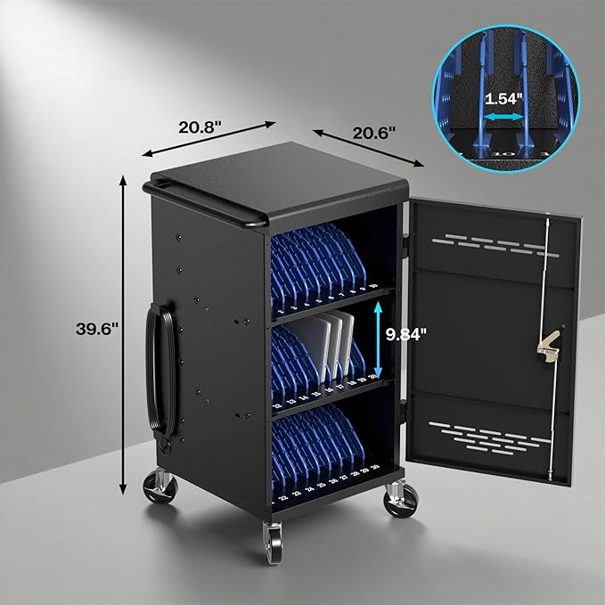 Fully Assembled 30 Unit Device Charging Station for Chromebook, iPad, 14'' Laptop - Charging Cart with Charger Cable Management, Circuit Breaker, Grounding Protection