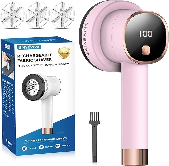 Smyeviva Rechargeable Fabric Shaver for Clothes: 6-Leaf Blades & 3 Speeds to Remove Pilling, Fuzz & Lint Balls - with LED Display, Portable Electric Lint Remover for Sweater, Couch, Blanket, Furniture