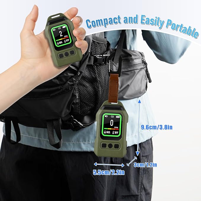 Lwuey Portable Carbon Monoxide Detector for Travel, Professional 4-in-1 Square CO Monoxide Monitor with Audible and Visual Alarm Rechargeable Backlit LCD Screen 300HR Standby for Home Car Camping Tent