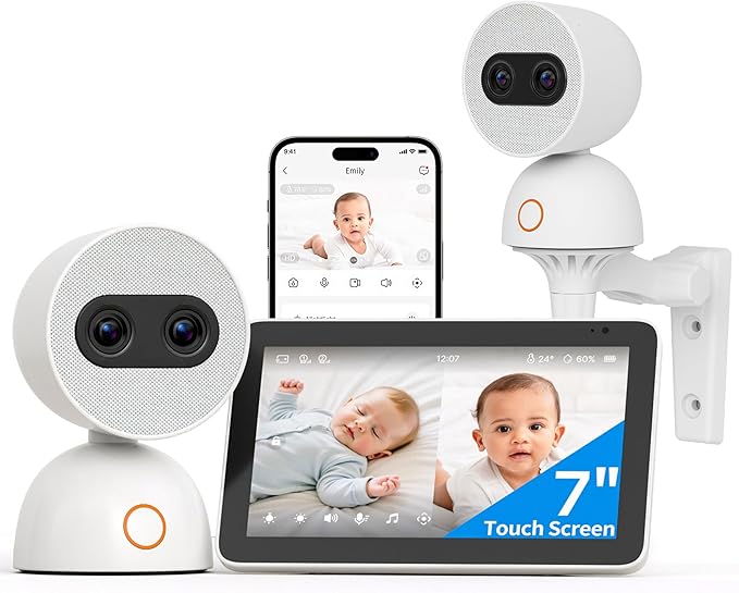 Simsky Split Screen Video Baby Monitor with Cameras, Dual 4MP Cameras with 6X Zoom, 7" UHD Touch Screen Portable Audio Baby Monitor 32GB Local Storage
