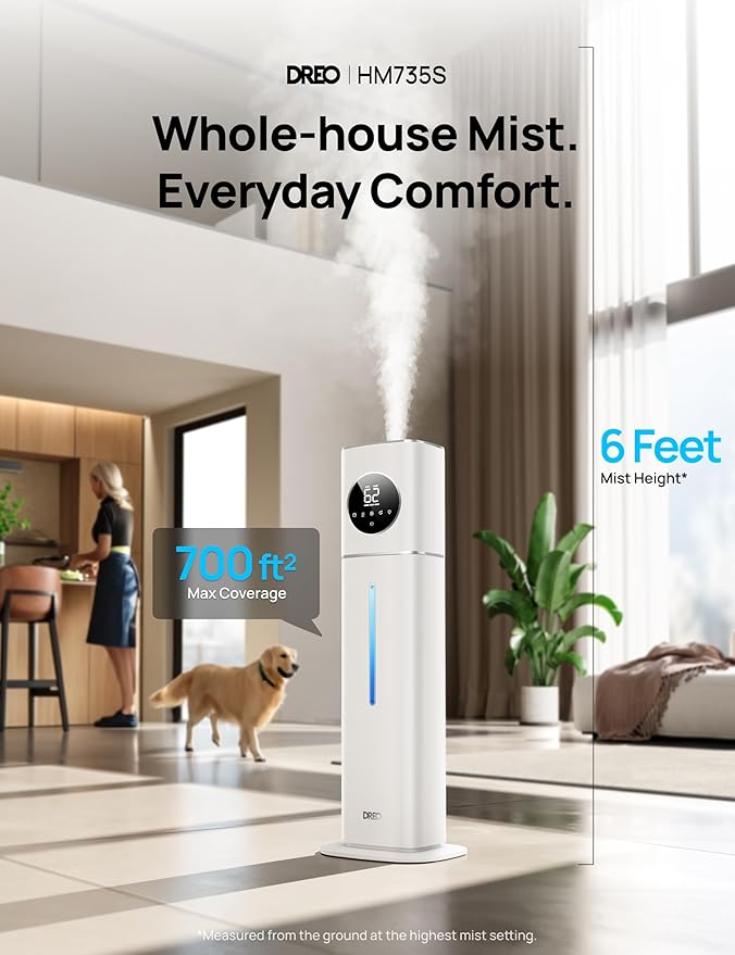 DREO HM735S 11L Smart Humidifier Large Room 700 ft², 100H Cool Mist Air Humidifiers for Bedroom, Top-Fill, Clean Tank Technology, 26dB, Auto Mode, Aroma Box, RGB, Remote & APP Control, Baby, Silver