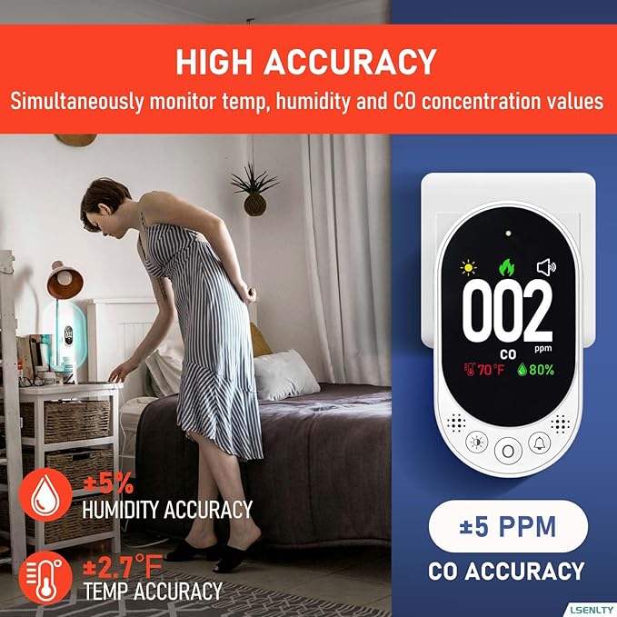 LSENLTY Carbon Monoxide Detectors Plug in, 3-in-1 CO Detector (Temp, Humidity and CO Gas), HD Color Screen Carbon Monoxide Detectors with Remind Function and Selftest Function for Hotel RV, 2 Pack