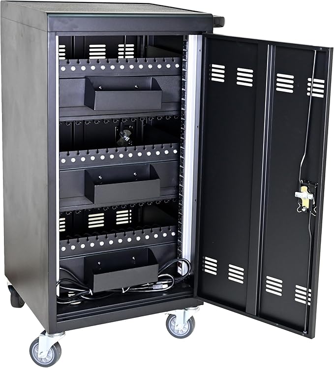 OFLILAK 45-Device Mobile Charging Cart with Charging Power Strip and Front and Rear Access Locks, Cable Management, Up to 17"", Safe Charging Cabinet for Ipads, Chromebooks, Tablets, Laptops Black