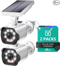 WALI Dummy Fake Camera, Security Camera with Motion Sensor Flood Light, Simulated Surveillance Security CCTV Dome Camera Indoor Outdoor (TCW2-SOL), 2 Packs, White-Solar