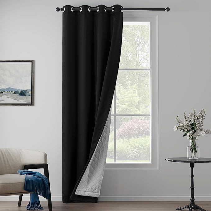 Black 3-in-1 Heavy Soundproof Curtains 100% Blackout Window Drapes Grommet Doorway Curtains Heat Insulating Winter Curtains for Bedroom Living Room (1 Panel, Black, 50" x 96")