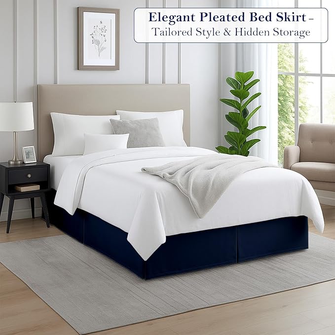 Full Bed Skirt, Luxury 18 Inch Drop Navy Blue Pleated Bed Skirt, Double Brushed Microfiber, Box Pleat Design, Wrinkle & Fade Resistant, Easy Fit Tailored Bedskirt for Full Size Beds