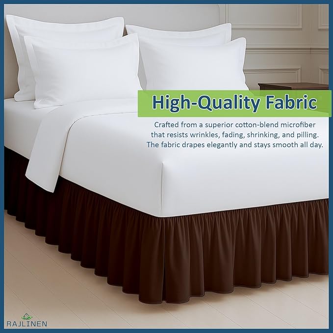 Rajlinen Ruffled Bed Skirt Full XL, 10 Inch Drop Dust Ruffle with Split Corners, 100% Microfiber Bedskirt with Platform, Three-Sided Coverage Ruffled Gathering Design, Chocolate