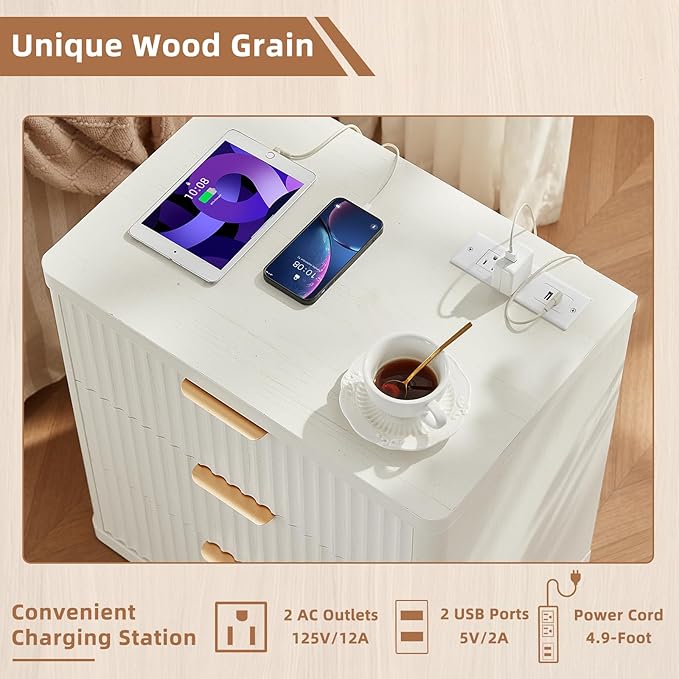 LEYAOYAO 23" Wide Fluted Night Stand with Charging Station,3 Drawers Large End Table with Storage,White Nightstand Wood Bedside Tables, Farmhouse Cabinet Dresser for Bedroom,Closet
