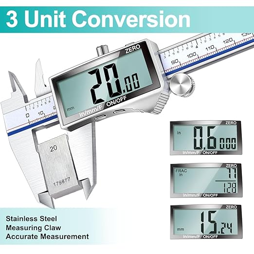 Kynup Digital Caliper Measuring Tool, Vernier Dial Caliper Digital Outside Micrometer, 6 Inch Caliper DIY Tool, Stainless Steel, Large Screen, Splash Proof, Inch Metric Fraction Switch