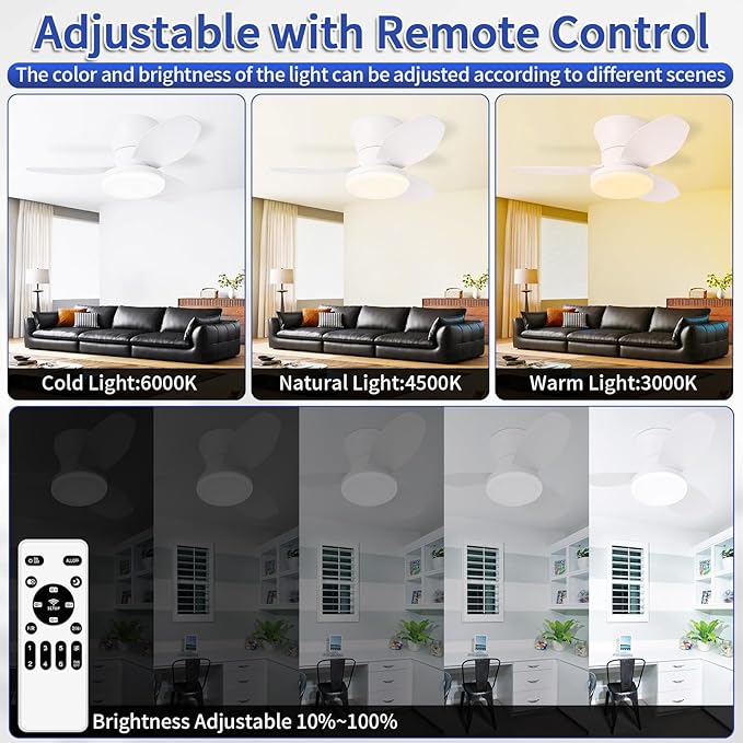 Glowall Small Ceiling Fan with Lights, 25 Inch Flush Mount with Remote Control, Reversible Quiet DC Motor, White, 3 Blades, 6 Speeds, Dimmable LED, Adjustable Color Temperature, Timer