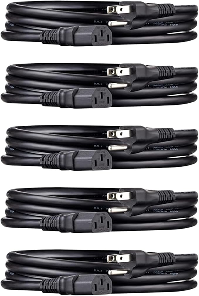 Amazon Basics PC Power Cord, 6 feet, 5-Pack, AC Power Cord for Monitor, Computer, TV, 3 Prong, 18 AWG, 125 Volts, Black