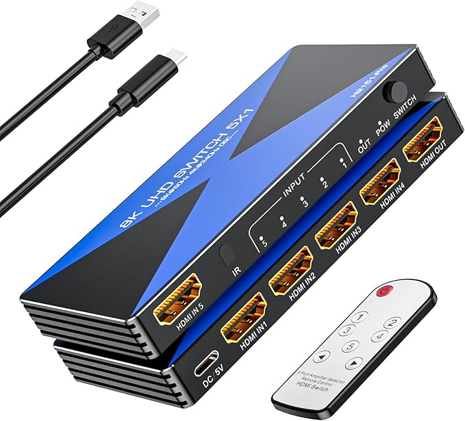 ALYYDBG 8k@60Hz HDMI 2.1 Switch 5 in 1 Out Supports 4K@120Hz HDR10+ HDCP 2.3 VRR, HDMI Switch Compatible with PS4/5 Xbox Nienteen Swtich Roku Fire Stick Apple TV to Connect Your TV Monitor Projector