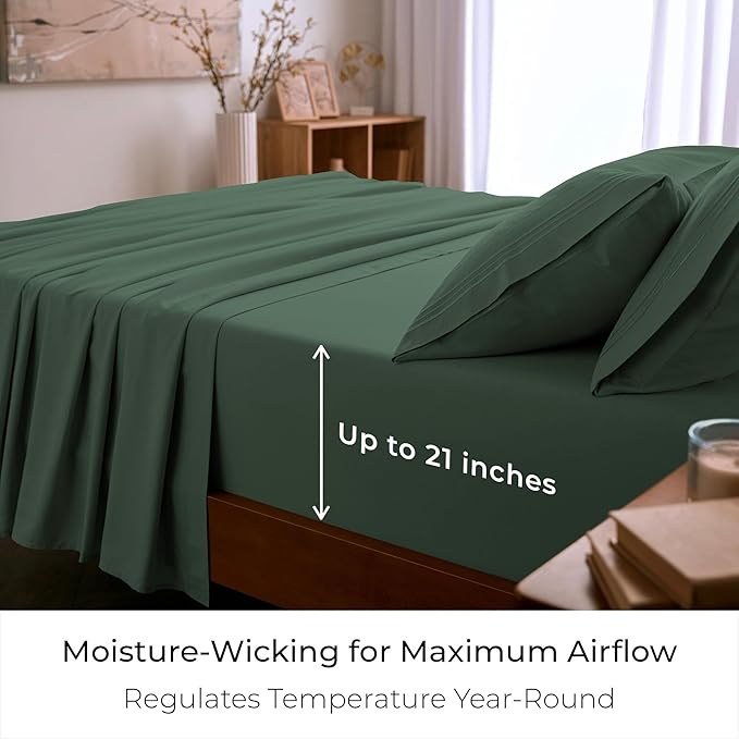 Mellanni California King Sheet Set - 6-Piece Iconic Collection Bedding, (Including 4 Pillowcases), 21-Inch Extra Deep Pocket, Easy Care, Ultra Soft, Cooling Sheets, Brushed Microfiber - Emerald Green