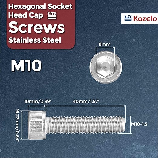 Kozelo 12pcs Socket Head Cap Screws - [M10-1.5 x 40mm] 304 Stainless Steel Allen Socket Drive for Electrical Motor 3D Printing Fan Engine Replacement Use, Silver
