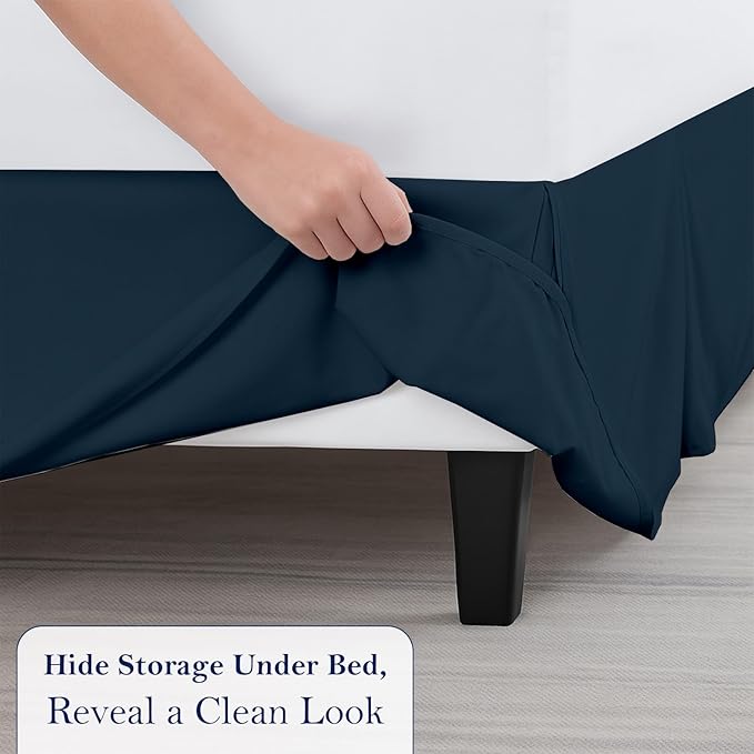 King Bed Skirt, Luxury 16 Inch Drop Navy Blue Pleated Bed Skirt, Double Brushed Microfiber, Box Pleat Design, Wrinkle & Fade Resistant, Easy Fit Tailored Bedskirt for King Size Beds