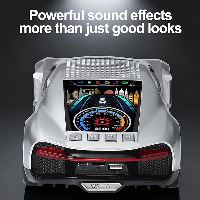 WSTER Luxury Sports Car Model Bluetooth Speaker with HD Sound, TWS Stereo Pairing, Display Screen, Built-in Microphone, Unique Bluetooth Car Speaker for Home, Party, Outdoor & Beach (Silver)