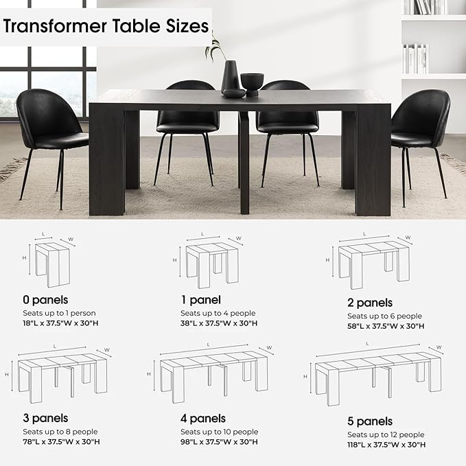 Transformer Table - Solid Wood Extendable Dining Table, Seats 2-12, Extendable Dining Room Table, Space-Saving Furniture, Expandable Dining Furniture (Black, Table + 4 Chairs)