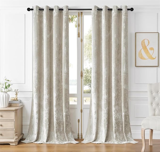 SMILETIME Ivory White Crushed Velvet Curtains 52x90in Luxurious Insulated Velvet Drapes for Bedroom Thicker Velvet Pinch Pleat Curtains Light-Filtering Velvet Window Curtains, 2 Panels