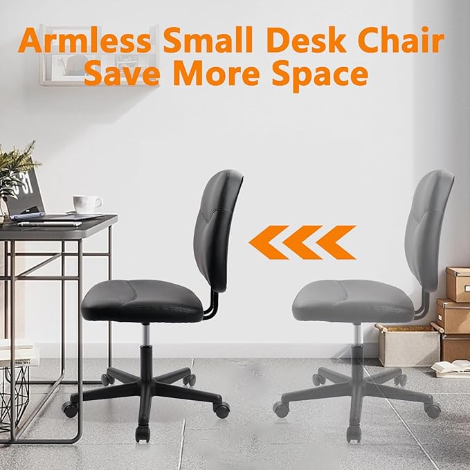 CLATINA Armless Home Office Chair, Small PU Leather Ergonomic Low Back Desk Chair with Lumbar Support and Wheels, Adjustable Height 360° Swivel Rolling Computer Task Chair, Black